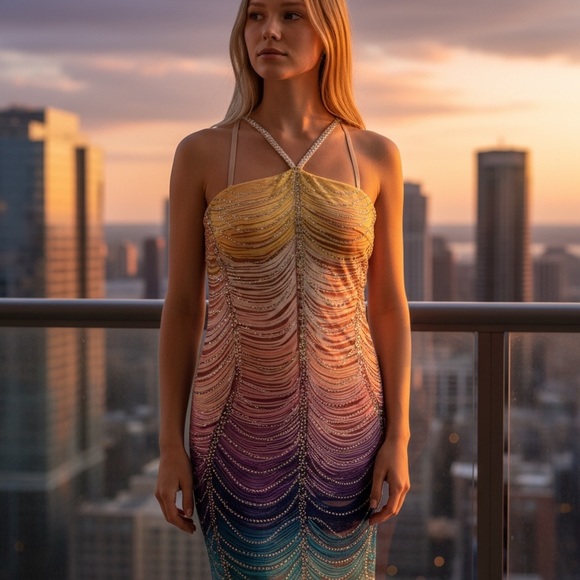 Banjul Rainbow Rhinestone Swirl Mini Dress small - Picture 2 of 6